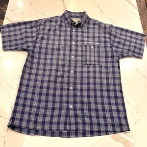 Pure Playaz Mens Short Sleeve Plaid Button Down Shirt Size Large Blue Logo